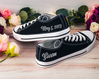 Personalized Groom Sneakers, Wedding Low Tops with Custom Text, Name and Date, Phrase, Wedding Shoes, Groomsmen, Best Man, Bride, Bridesmaid