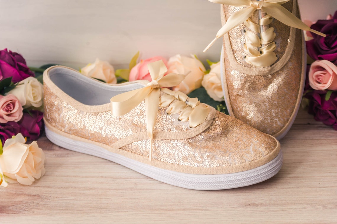 Sparkle Sneakers Women Champagne Gold Sequin Sneakers Custom image 1