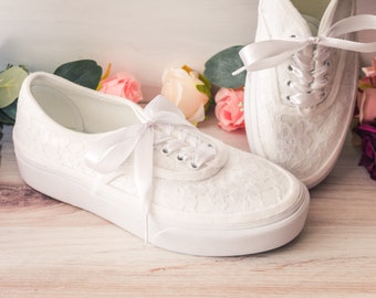 Wedding Sneakers for Bride Platform, Bridal White Lace Shoes, Flat Wedding Shoes, Platform Wedding Shoes, Platform Sneakers for Women