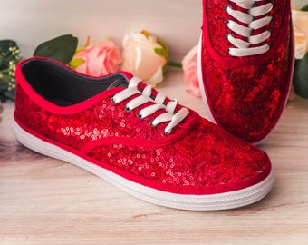 Comfy Red Sequin Canvas Sneakers, Custom Shoes for Women Sparkle, Wedding Shower Gift, Bridesmaid Gift, Hand Decorated Christmas Gifts
