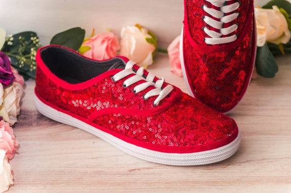 Red Sequin Canvas Sneakers Custom Shoes for Women Sparkle 