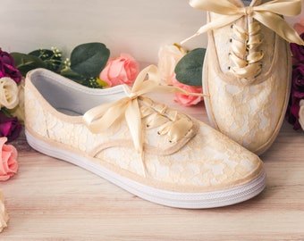 Wedding Shoes, Raschel Champagne Gold Lace Sneakers, Wedding Sneakers for Bride, Bridesmaids Sneakers for Weddings, Gifts for Her