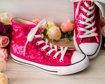 Wedding Sneakers for Bride Sparkle, Hot Fuchsia Pink Sequin High Top Sneakers, Custom Shoes, Wedding Shoes, Gifts for Her
