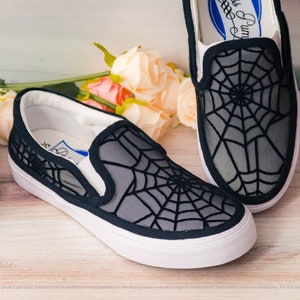 Spooky Black Spider Web Lace Patterned Slip On Sneakers, Gothic Lace Slip On Sneakers, Spooky Halloween Sneakers, Costume Shoes for Women