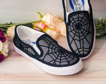 Spooky Black Spider Web Lace Patterned Slip On Sneakers, Gothic Lace Slip On Sneakers, Spooky Halloween Sneakers, Costume Shoes for Women