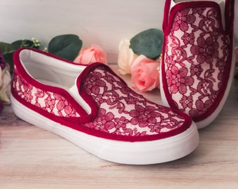 Burgundy Lace Slip On Sneakers for Bride - Custom Shoes with Elegant Floral Pattern