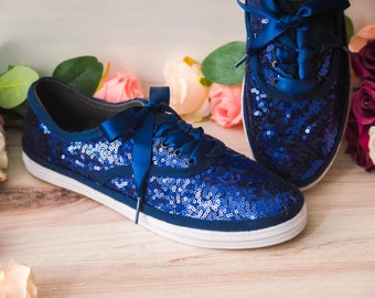 Custom Shoes for Bride, Navy Blue Sequin Sneakers, Wedding Shoes, Custom Shoes, Gifts for Her