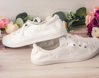 Bridal Sneakers, White Wedding Sneakers for Bride, Cute Bridal White Lace Slip On Sneakers for Brides, Bridesmaid Gifts, Reception Shoes