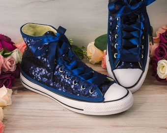 Wedding Sneakers for Bride, Navy Blue Sequin High Top Sneakers, Custom Shoes for Women, Bridesmaid, Gifts for Her