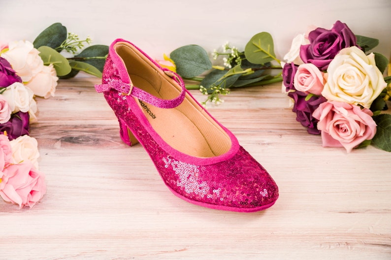 Fuchsia Hot Pink Sequin French Character Shoes Heels, Wedding Shoes, Bride, Bridesmaid, Gifts for Her image 3