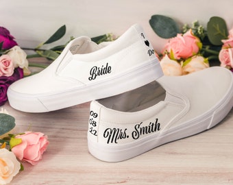 Personalized Text Bridal White Wedding Slip On Canvas Sneakers with Name, Date or Phrase, Custom Sneakers for Women, Custom Shoes for Bride