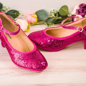 Fuchsia Hot Pink Sequin French Character Shoes Heels, Wedding Shoes, Bride, Bridesmaid, Gifts for Her image 1