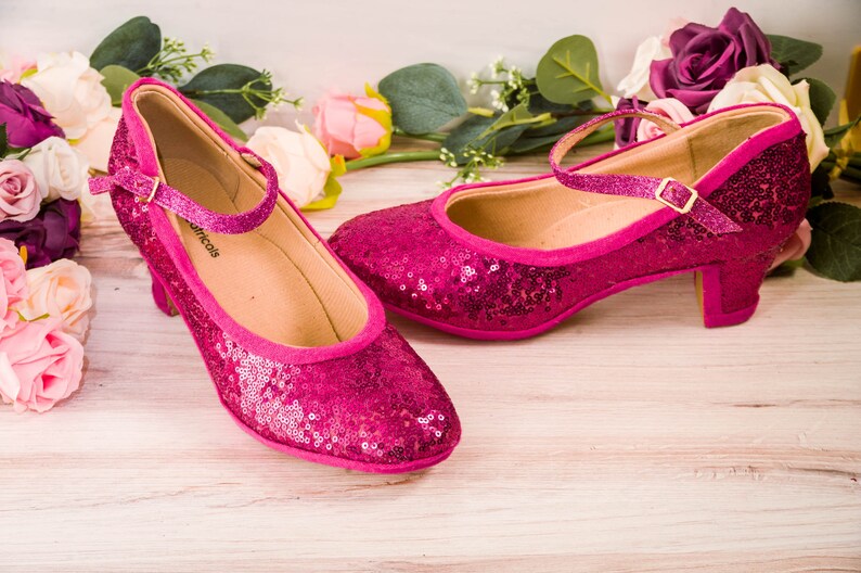 Fuchsia Hot Pink Sequin French Character Shoes Heels, Wedding Shoes, Bride, Bridesmaid, Gifts for Her image 1