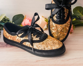 Sneakers for Bride Sparkle, Gold Sequin Black Sneakers, Sparkle Sneakers for Women, Bridesmaid, Prom, Gifts For Her, Gold Prom Sneakers