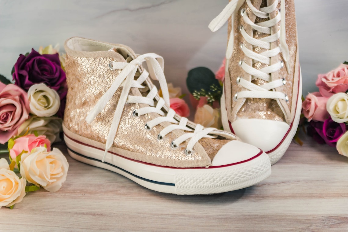 Wedding Sneakers for Bride Champagne Gold Sequin High Top image 1