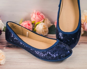 Wedding Shoes for Bride Flat, Ballet Flats with Ribbon, Wedding Shoes Flats, Navy Blue Sequin Ballet Flat with Ribbon, Gifts for Her