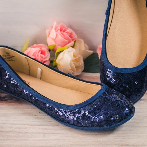 Wedding Shoes for Bride Flat, Ballet Flats with Ribbon, Wedding Shoes Flats, Navy Blue Sequin Ballet Flat with Ribbon, Gifts for Her