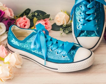 Wedding Sneakers for Bride Sparkle, Wedding Shoes for Bride, Ocean Blue Sequin Low Top Sneakers, Gifts for Her, Custom Shoes for Women