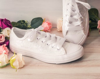 Bridal Sneakers, Wedding Sneakers for Bride, White Lace Low Top Wedding Sneakers, Wedding Sneakers Women, Custom Shoes for Women