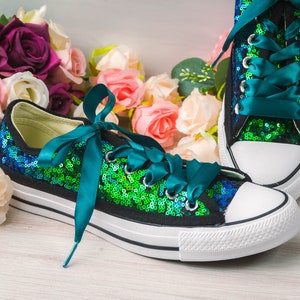 Wedding Sneakers for Bride Sparkle, Green Blue Peacock Sequin Low Top Sneakers, Wedding Shoes Women, Gifts for Her, Custom Shoes Women