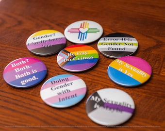 LGBTQIA+ Phrase and Pride Flag Pin Back Buttons