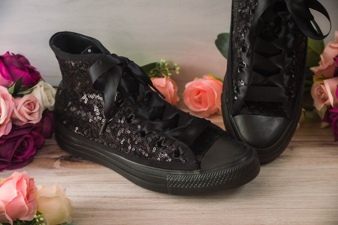 All Black Sequin Monochrome High Top Sneakers Custom Shoes All Black W/Ribbons