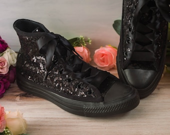 All Black Sequin Monochrome High Top Sneakers, Custom Shoes, Wedding Shoes, Bride, Bridesmaid, Gifts for Her