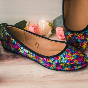 Rainbow Multi Color Sequin Ballet Flats, Custom Shoes for Women, Rainbow Pride Shoes