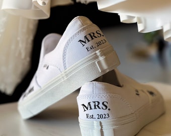 Personalized Text Bridal White Wedding Slip On Sneaker, Mrs, Mr, Est, Established Date for Weddings