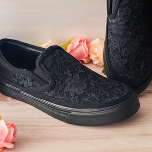 Black Wedding Sneakers for Bride, Black Lace Monochrome Slip On Sneakers, Gothic Brides, Bridesmaid Gifts, Homecoming Dress, Prom Shoes