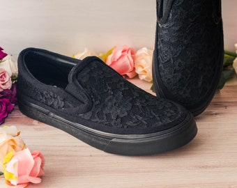 Black Wedding Sneakers for Bride, Black Lace Monochrome Slip On Sneakers, Gothic Brides, Bridesmaid Gifts, Homecoming Dress, Prom Shoes