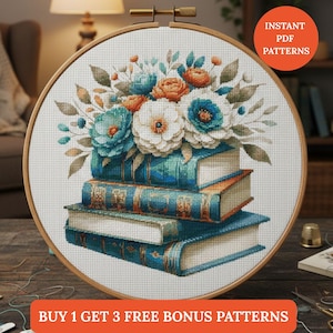 Vintage Floral Book Stack Cross Stitch Pattern PDF | Book Lover Embroidery Design | Digital Download Wall Decor punto de cruz,point de croix