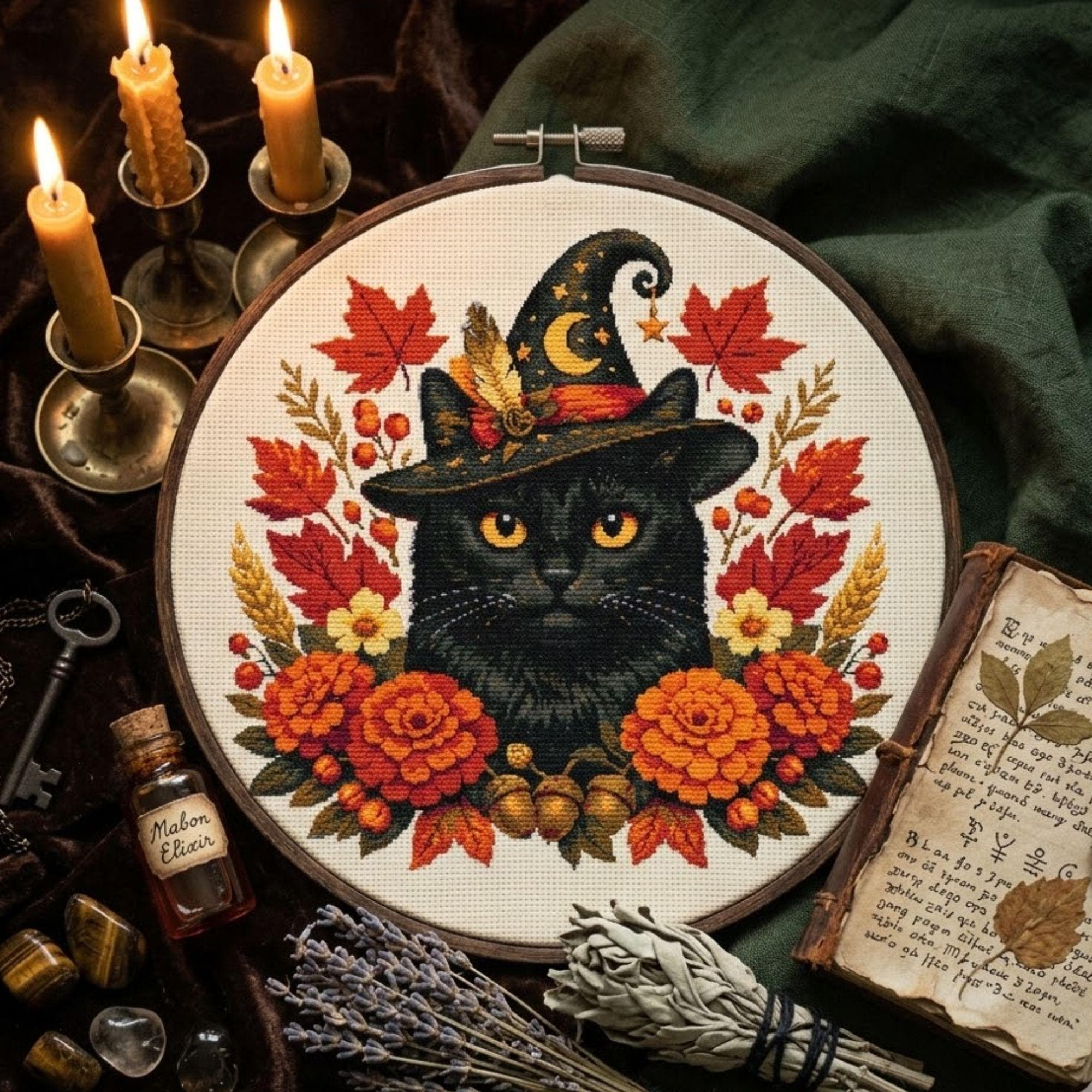 Halloween Black Cat Cross Stitch Pattern PDF - Witch Hat Cat With Fall ...