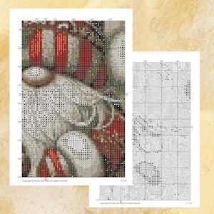 May include: Two cross-stitch patterns are shown, one complete and one partially finished. The main pattern has a design with red and white stripes, and other colours. The smaller pattern is a black and white version. Copyright Pixels And Stitch All rights reserved.