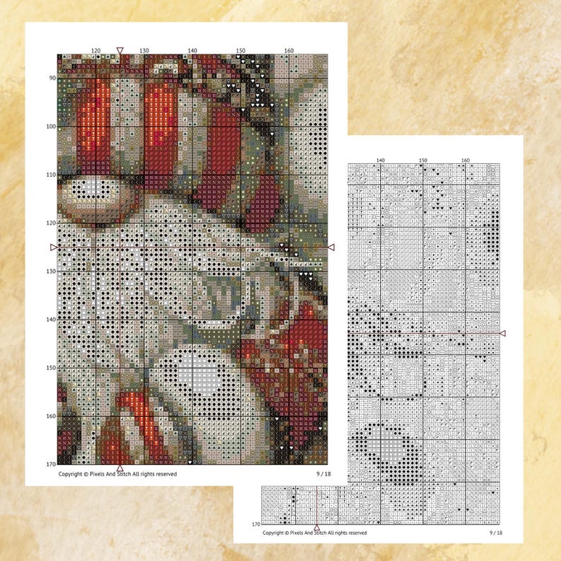 May include: Two cross-stitch patterns are shown, one complete and one partially finished. The main pattern has a design with red and white stripes, and other colours. The smaller pattern is a black and white version. Copyright Pixels And Stitch All rights reserved.