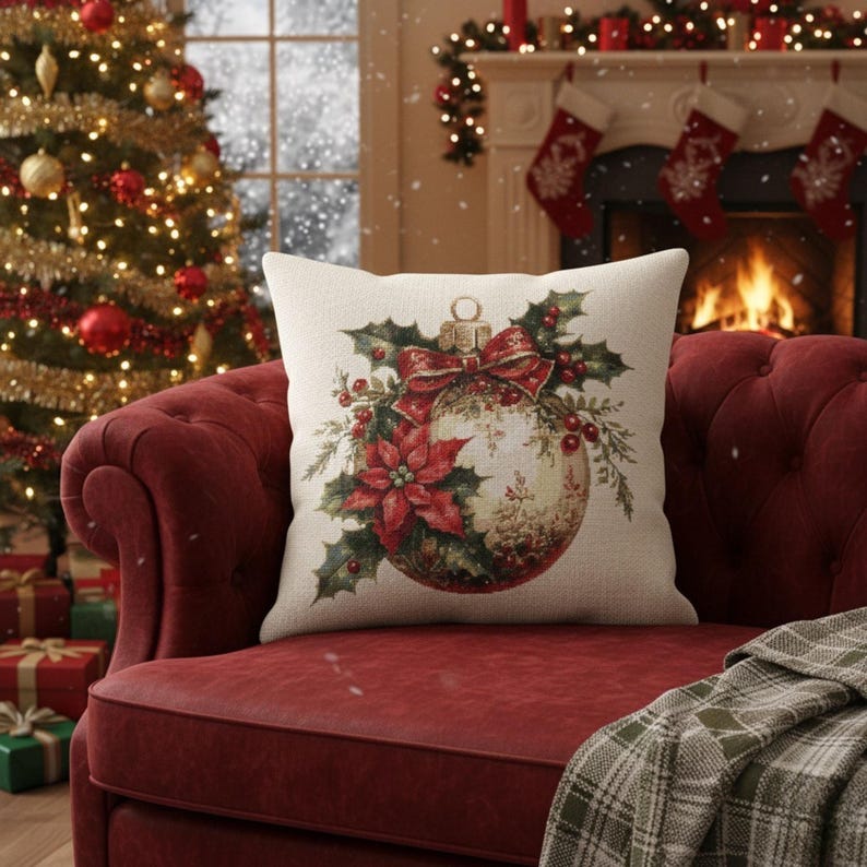 May include: A decorative Christmas pillow featuring a detailed ornament design. The ornament is adorned with a red bow, holly, and a poinsettia. The pillow is on a red sofa, with a Christmas tree and fireplace in the background.