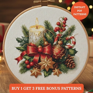 May include: Cross-stitch embroidery of a Christmas scene in a wooden hoop. The design features a lit candle, red bow, ornaments, berries, and the text "INSTANT PDF PATTERNS" and "BUY 1 GET 3 FREE BONUS PATTERNS".