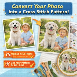 Op de afbeelding: Afbeelding ter promotie van een kruissteekpatroonservice. De afbeelding toont een foto van een hond en een baby, een kruissteekversie en een voltooide kruissteek in een hoepel. Tekst luidt: "Zet je foto om in een kruissteekpatroon!"