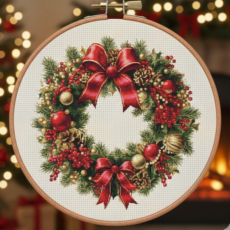 May include: A cross-stitch Christmas wreath in a wooden embroidery hoop. The wreath features red bows, berries, ornaments, and pinecones. Green pine needles and gold accents complete the festive design, perfect for holiday decor.