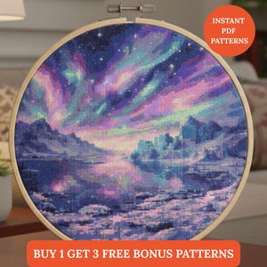 Northern Lights Cross Stitch Pattern | Instant PDF Download | Watercolor Hand Embroidery Nature Design punto de cruz,point de croix