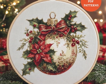 Christmas Bauble Coquette bow Cross Stitch Pattern PDF Christmas Ornament Embroidery Design Digital Download punto de cruz, point de croix
