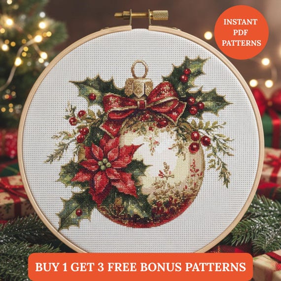 Christmas Bauble Coquette bow Cross Stitch Pattern PDF Christmas Ornament Embroidery Design Digital Download punto de cruz, point de croix