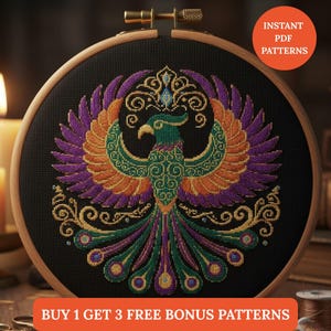 May include: A cross-stitch embroidery hoop featuring a colorful phoenix design. The bird has purple, orange, and green feathers, with gold accents. The text "INSTANT PDF PATTERNS" and "BUY 1 GET 3 FREE BONUS PATTERNS" are visible.