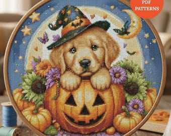 May include: Cross-stitch design of a golden retriever puppy in a witch hat, inside a carved pumpkin. The design includes a crescent moon, stars, and the text "Instant PDF Patterns" and "Buy 1 Get 3 Free Bonus Patterns".