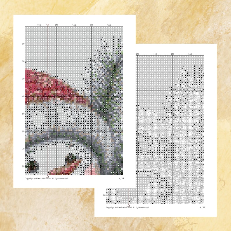 May include: Two cross-stitch patterns featuring a snowman wearing a red hat and scarf. The patterns are on white paper with a grid overlay. The text "Copyright &copy; Pixels And Stitch All rights reserved" is visible.
