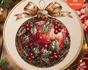 Coquette Bow Christmas Bauble Cross Stitch Pattern PDF Chrismant Ornament Embroidery Design Digital Download punto de cruz, point de croix