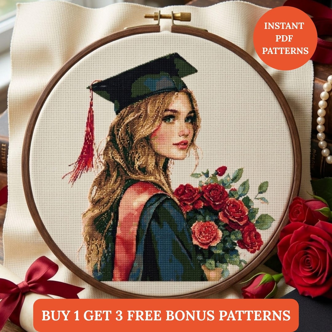 Girls Graduation Patterns Graduation Girl Cross Stitch Pattern Pdf,modern Woman Portrait Floral ...