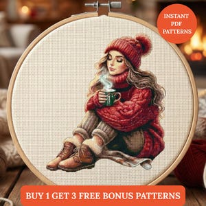 Christmas Winter Girl Cross Stitch Pattern Coffee Mug Woman in Sweater PDF Pattern Chart