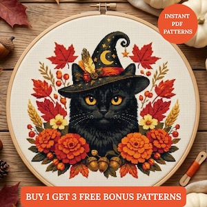 Halloween zwarte kat kruissteekpatroon pdf - heksenhoed kat met bloemenborduurwerk herfst, punto de cruz, point de croix direct downloaden