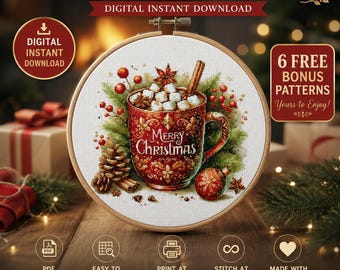 May include: A digital cross stitch pattern featuring a red mug filled with hot cocoa, marshmallows, and cinnamon sticks, surrounded by pine branches, pinecones, and red berries. The mug displays the text Merry Christmas in white script.